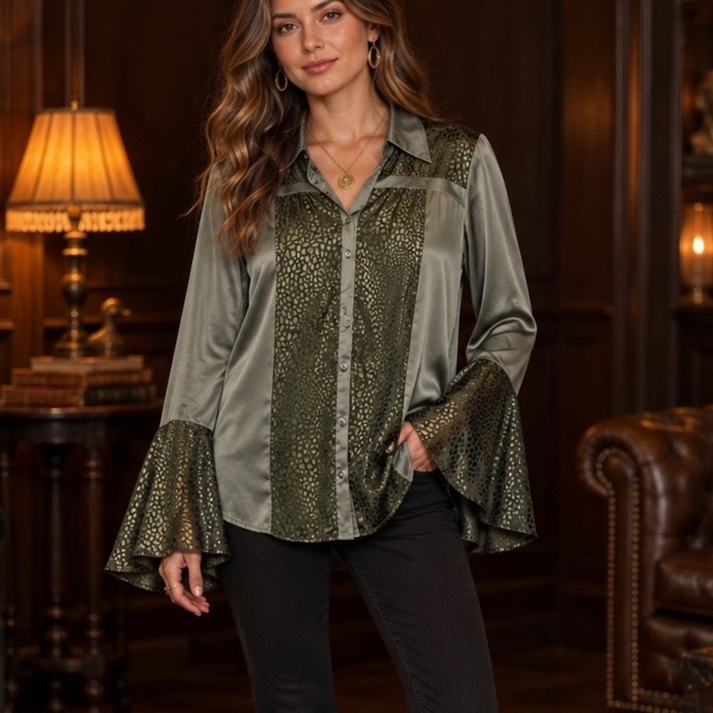 Umgee Olive Satin Animal Print Bell Sleeve Blouse Whimsigoth Medium bell sleeves